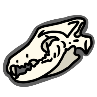 A side view of a wolf skull facing to the left. it has a grey outline.